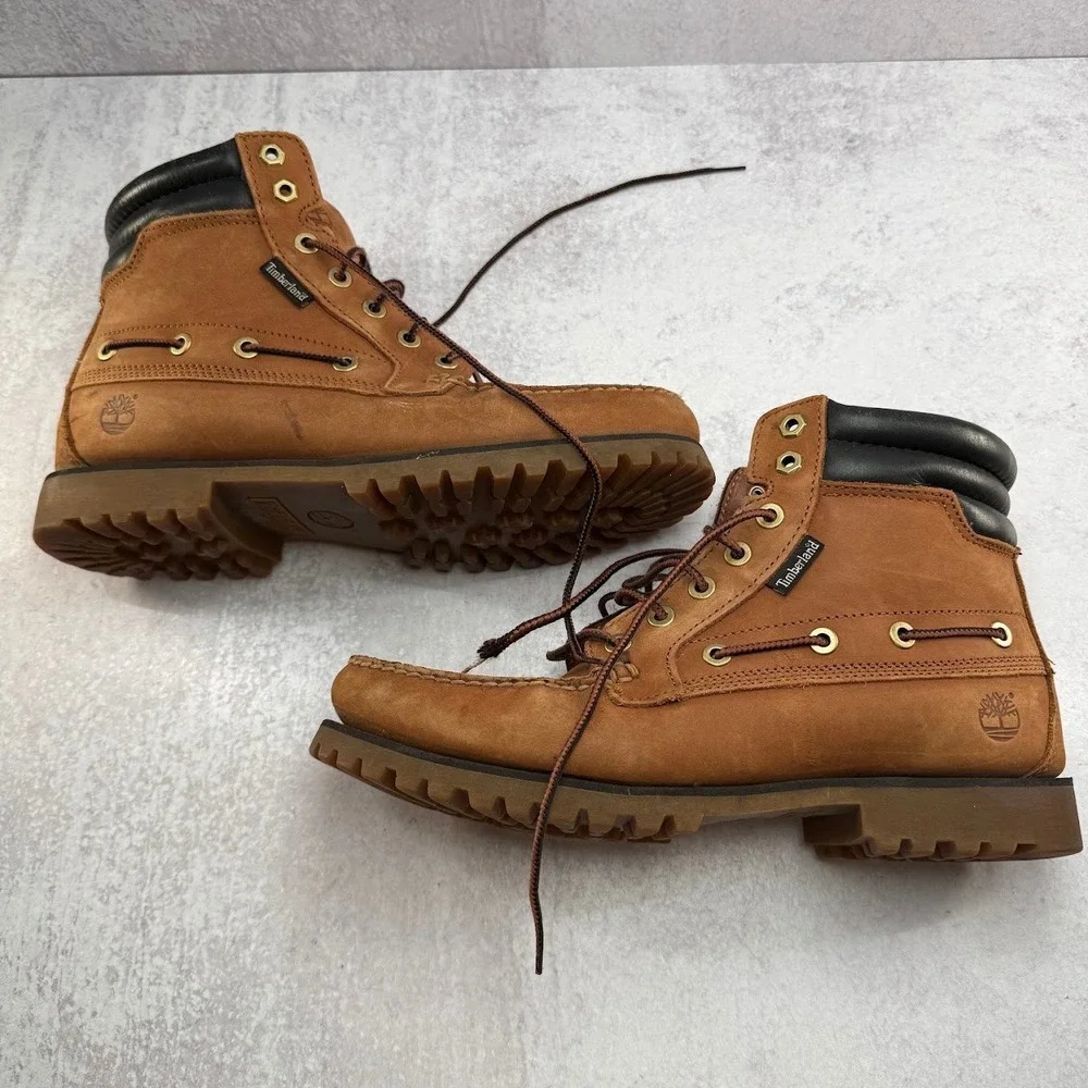 Timberland Oakwell 7-Eye Moc Toe Boots Mens 10.5 Brown Leather Mid Lug Shoes